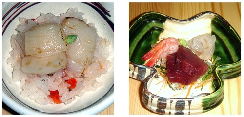 Chirashizushi de ikura con vieira & Sashimi de maguro, dorada y gamba dulce