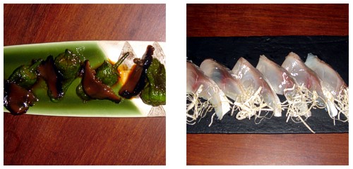 Pimientos de Padrón con shitake  &  Sashimi de pescado blanco