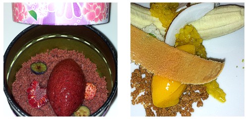 Bizcocho con frutos rojos  &  Plátano, mango y nuez moscada