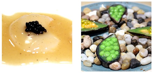 Vieira con tuétano y caviar  &  Guisantes y mejillones en salsa verde